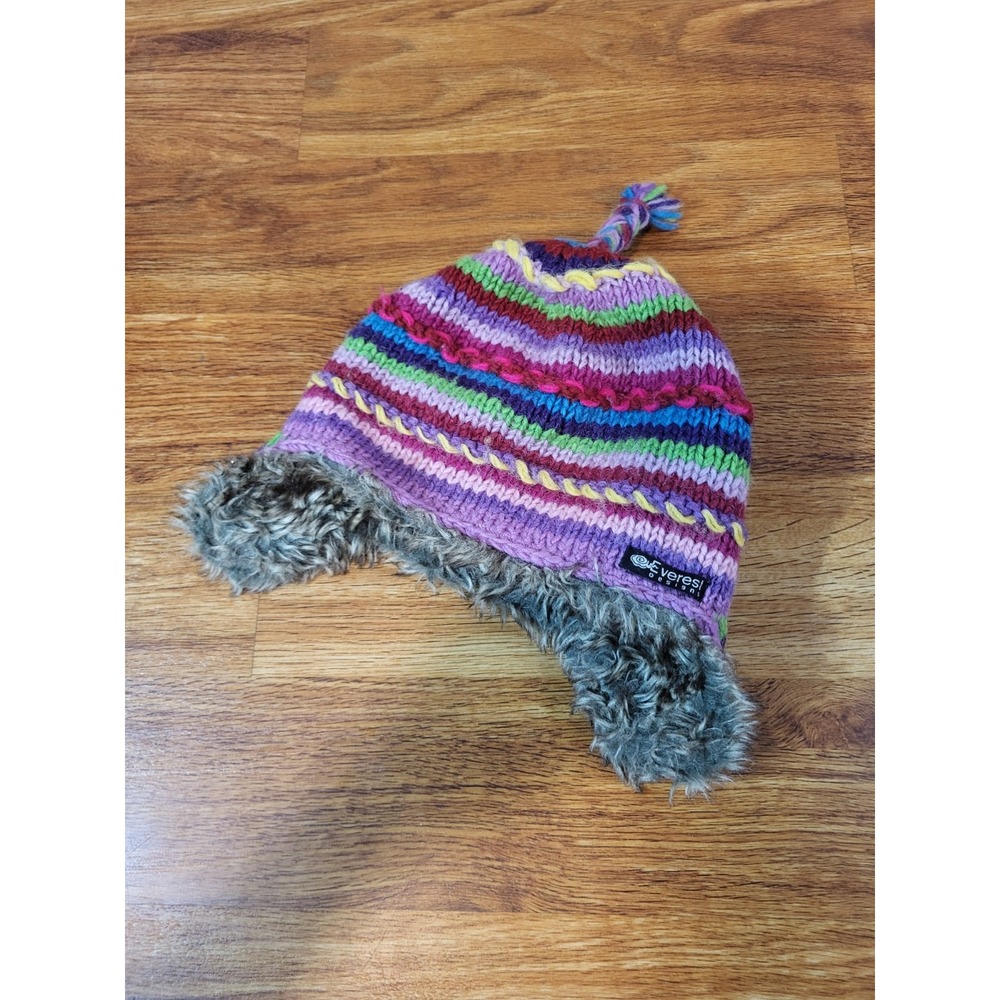 Everest Designs‎ Ear Flap Hat Rainbow 100% Wool Knit Lined Fleece Tassel Nepal